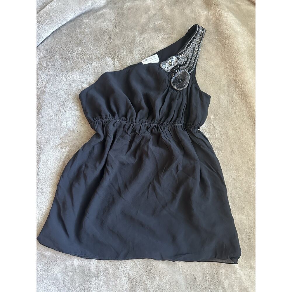 Vintage Max Studio Silk Beaded One Shoulder Black Sequin Evening Top